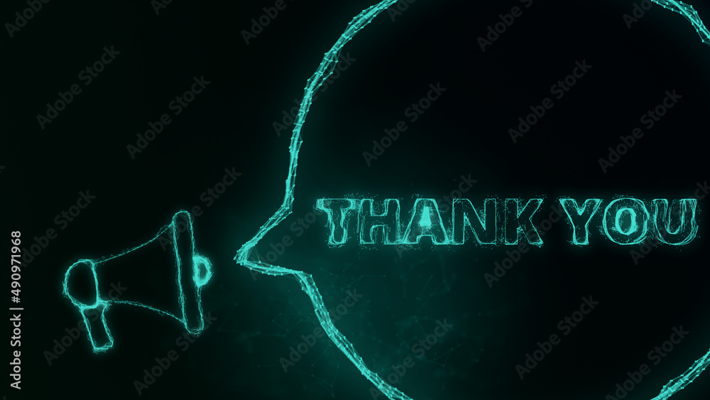 Poster Megaphone banner with speech bubble and text thank you. Plexus style of green glowing dots and lines. Abstract illustration