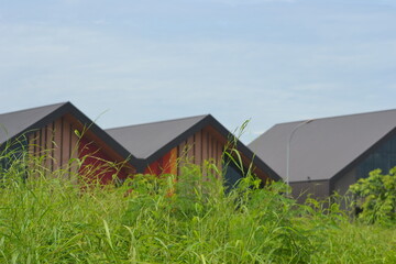 Summarecon, Bekasi, West Java, Indonesia, March 5th 2022. Tropical roofs on commercial estate buildings