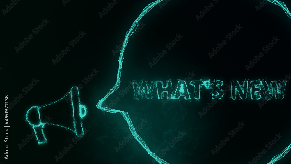 Aufkleber Megaphone banner with speech bubble and text what's new. Plexus style of green glowing dots and lines. Abstract illustration