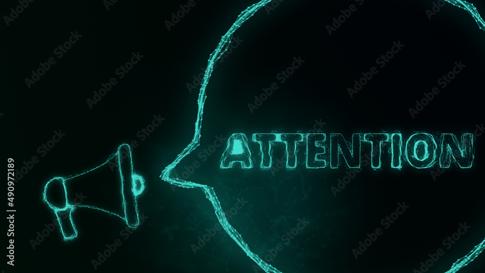 Poster Megaphone banner with speech bubble and text attention. Plexus style of green glowing dots and lines. Abstract illustration