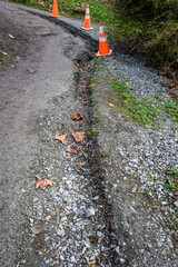 Dirt and gravel trail with a deep channel cut in the middle by stormwater from heavy rains, orange safety cones
