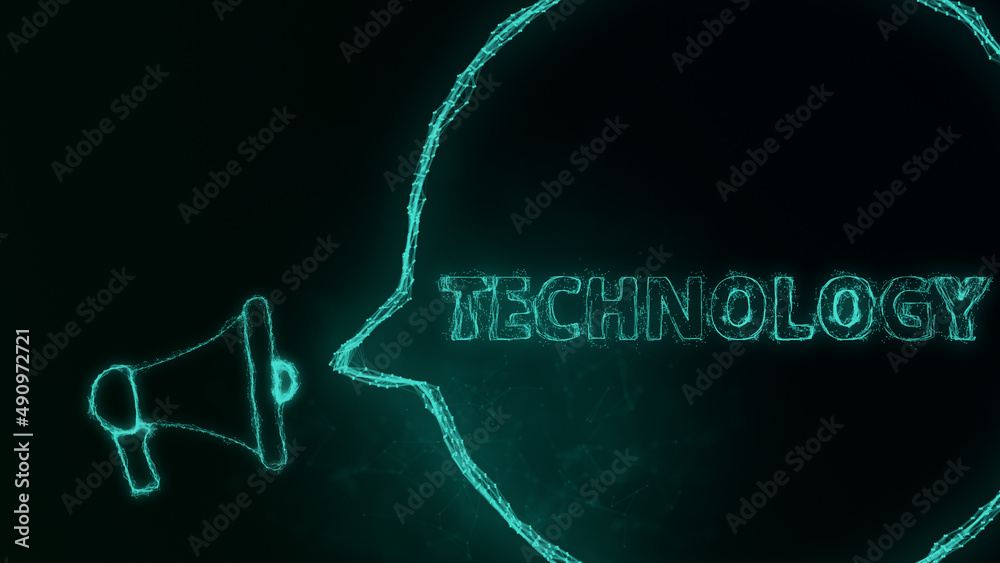 Poster Megaphone banner with speech bubble and text technology. Plexus style of green glowing dots and lines. Abstract illustration
