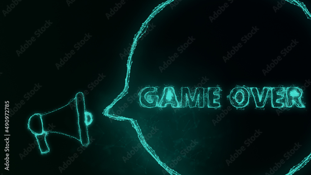 Aufkleber Megaphone banner with speech bubble and text game over. Plexus style of green glowing dots and lines. Abstract illustration