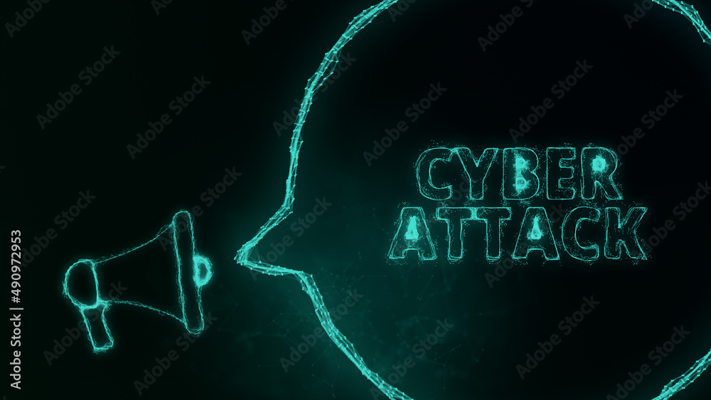 Fototapete Megaphone banner with speech bubble and text cyber attack. Plexus style of green glowing dots and lines. Abstract illustration