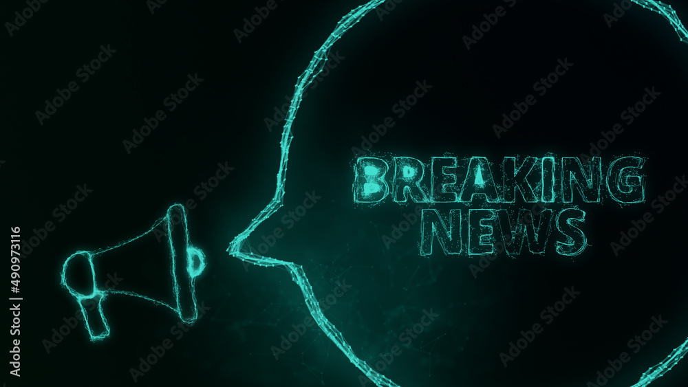 Leinwandbilder Megaphone banner with speech bubble and text breaking news. Plexus style of green glowing dots and lines. Abstract illustration