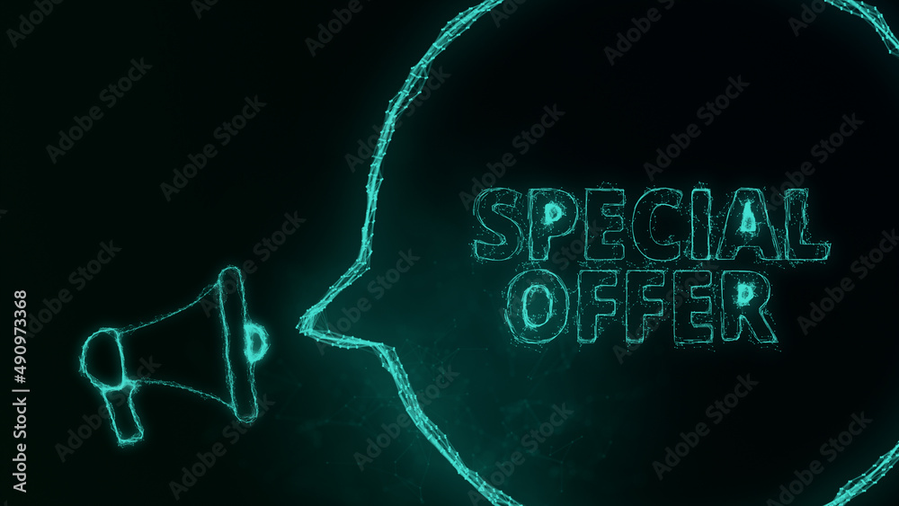 Poster Megaphone banner with speech bubble and text special offer. Plexus style of green glowing dots and lines. Abstract illustration