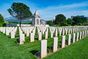 War memorial, Commonwealth Cemetery of Cassino in Italy of the Second World War. - obrazy, fototapety, plakaty