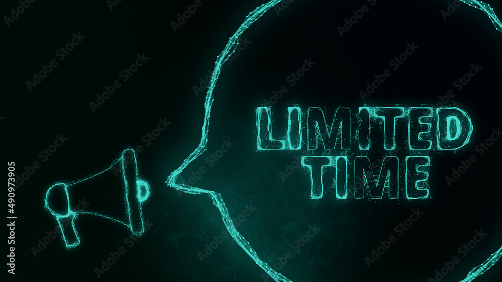 Poster Megaphone banner with speech bubble and text limited time. Plexus style of green glowing dots and lines. Abstract illustration