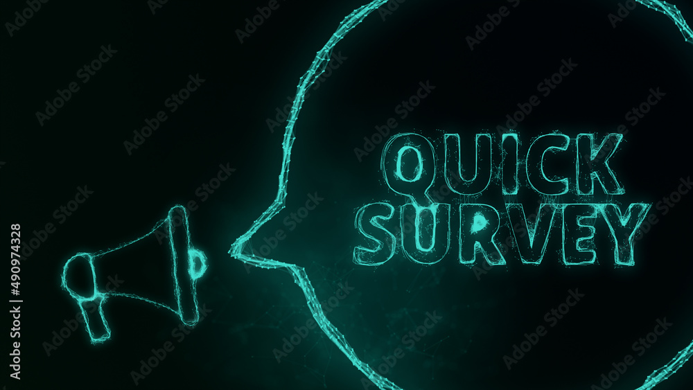 Poster Megaphone banner with speech bubble and text quick survey. Plexus style of green glowing dots and lines. Abstract illustration