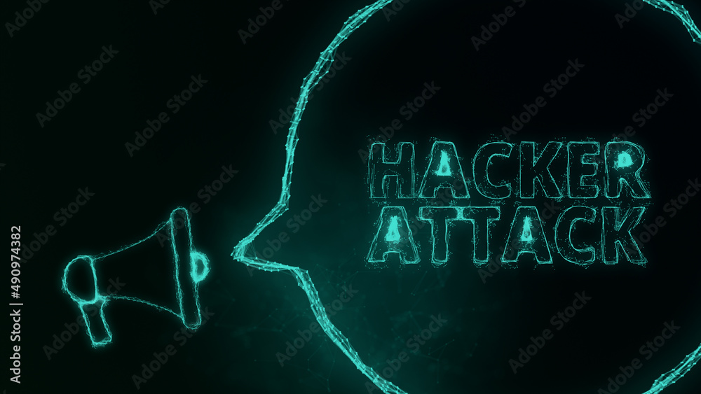 Fototapete Megaphone banner with speech bubble and text hacker attack. Plexus style of green glowing dots and lines. Abstract illustration
