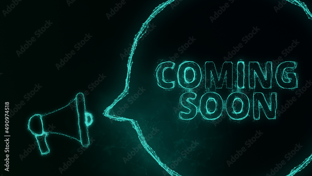 Poster Megaphone banner with speech bubble and text coming soon. Plexus style of green glowing dots and lines. Abstract illustration