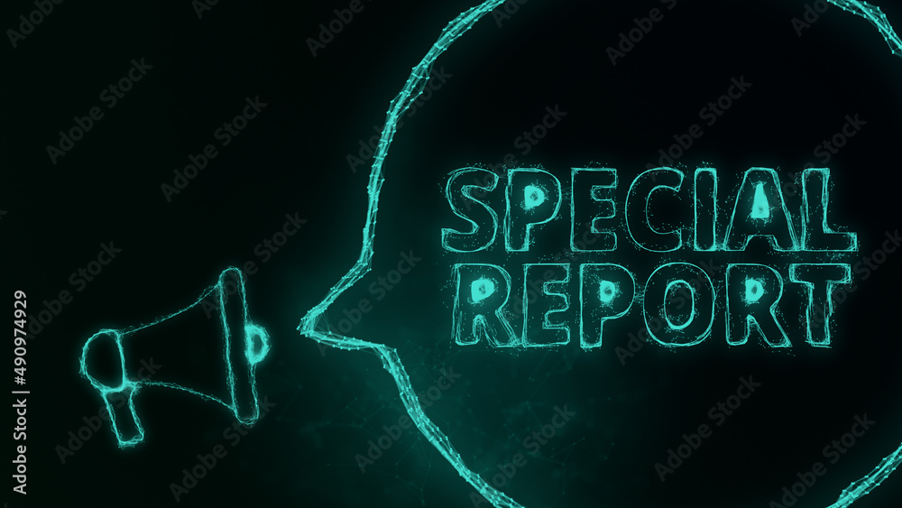 Poster Megaphone banner with speech bubble and text special report. Plexus style of green glowing dots and lines. Abstract illustration