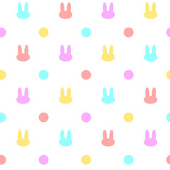 ウサギの顔のシルエットと丸のカラフルなシームレスパターン