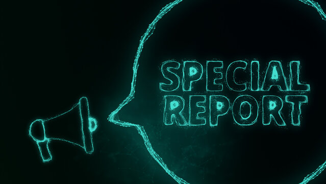 Megaphone banner with speech bubble and text special report. Plexus style of green glowing dots and lines. Abstract illustration