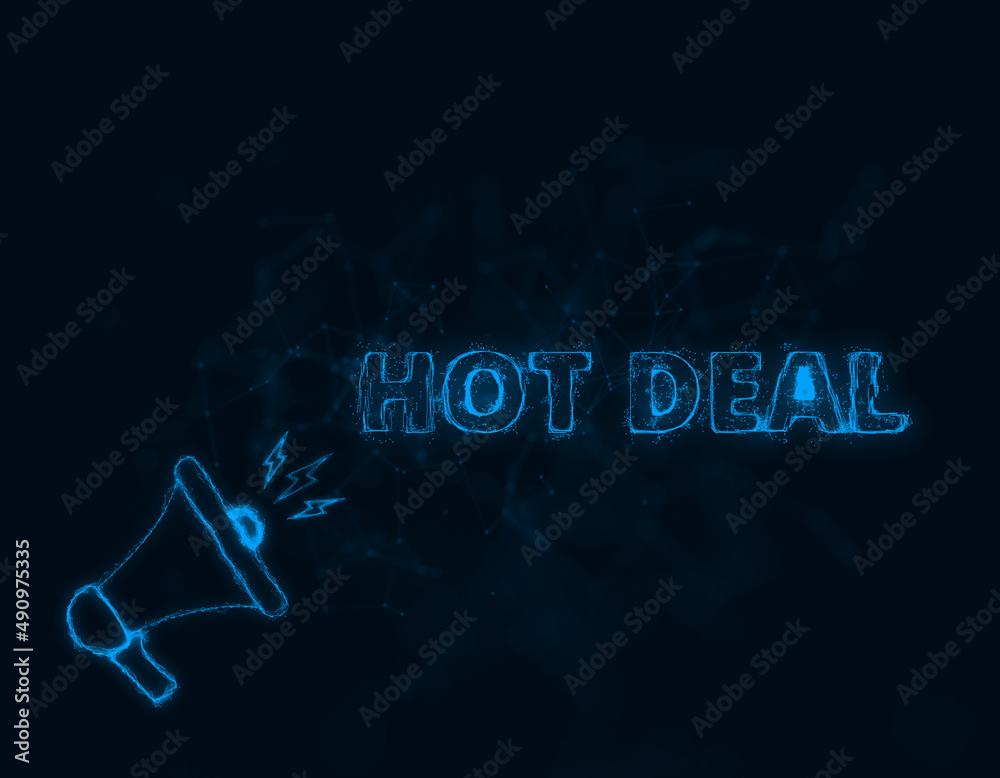 Poster megaphone banner with text hot deal. plexus style of blue glowing dots and lines. abstract illustrat