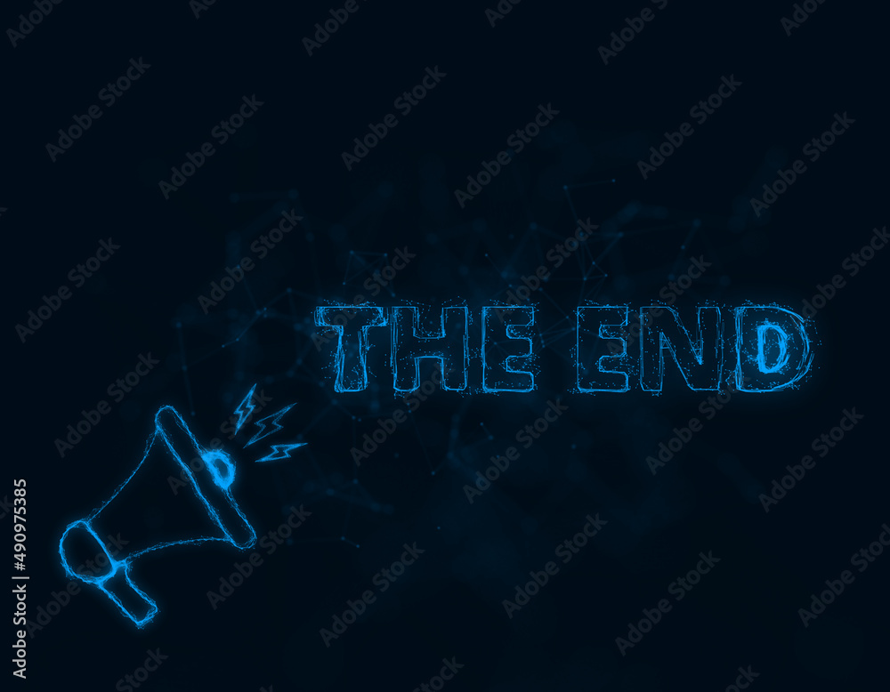 Poster Megaphone banner with text the end. Plexus style of blue glowing dots and lines. Abstract illustration