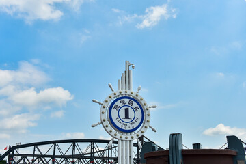 Dandong City, Liaoning Province, China - August 17, 2019: the urban landscape of Dandong City and the Korean landscape across the Yalu River