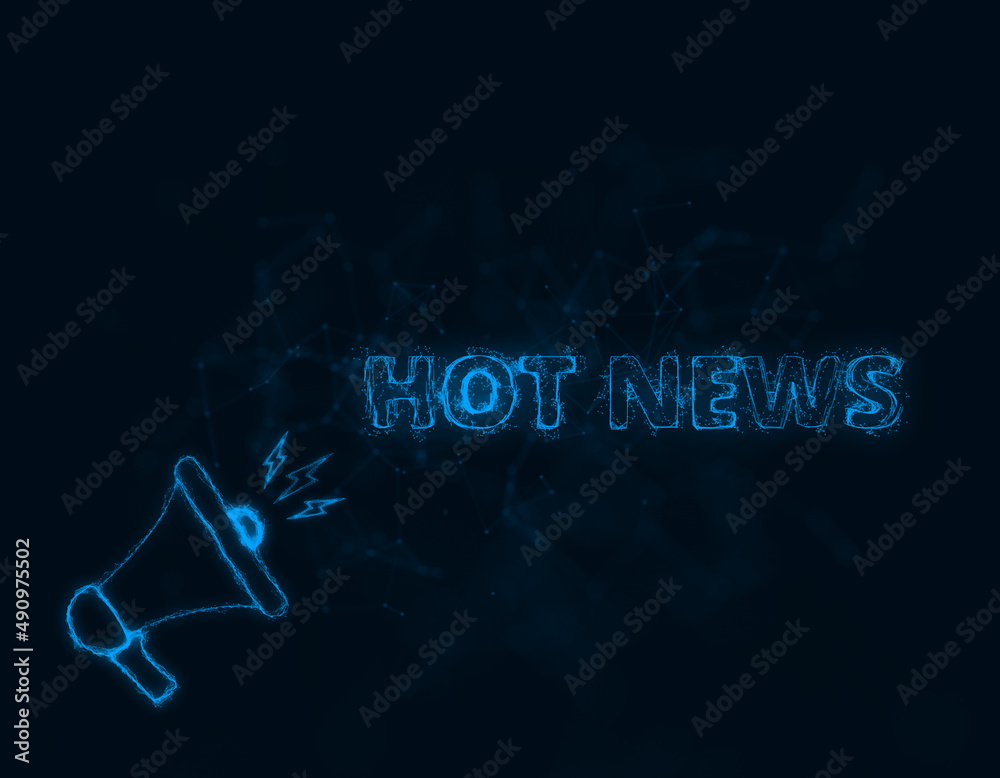 Aufkleber megaphone banner with text hot news. plexus style of blue glowing dots and lines. abstract illustrat
