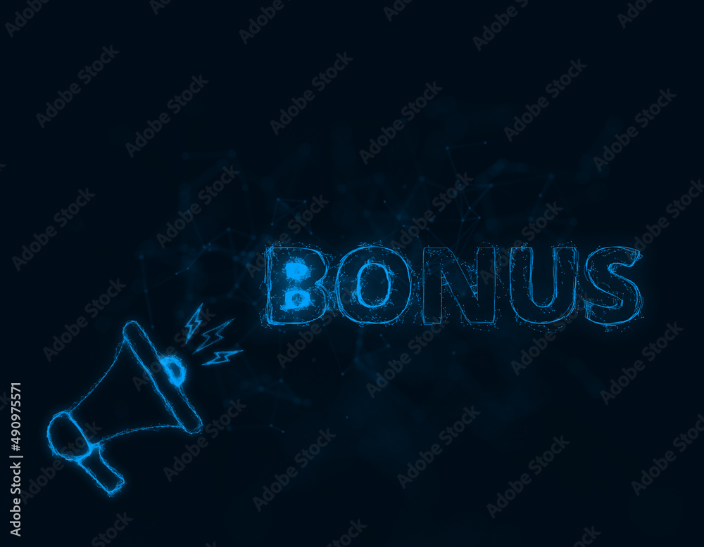 Poster megaphone banner with text bonus. plexus style of blue glowing dots and lines. abstract illustration
