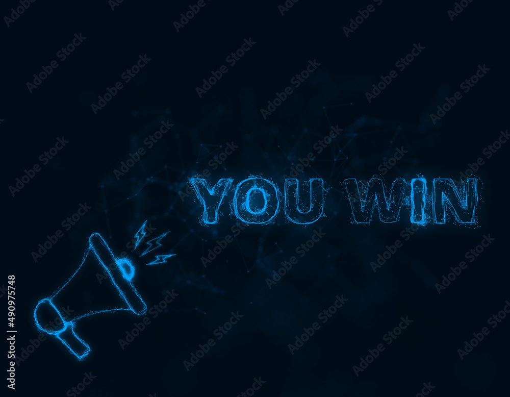 Fototapete megaphone banner with text you win. plexus style of blue glowing dots and lines. abstract illustrati