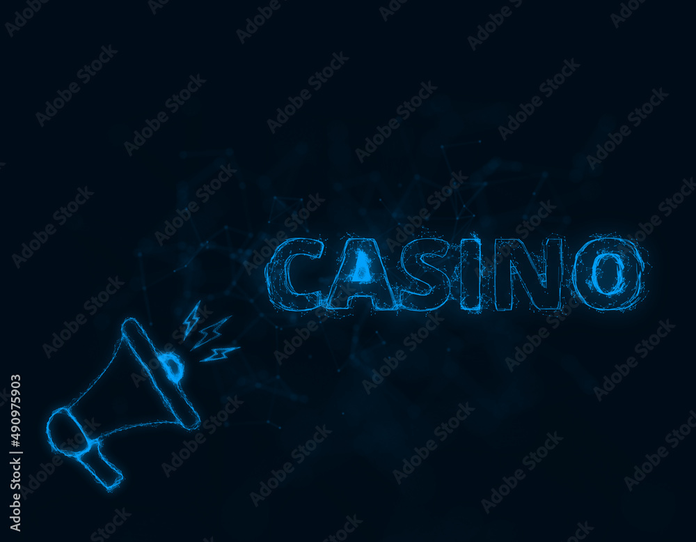 Aufkleber megaphone banner with text casino. plexus style of blue glowing dots and lines. abstract illustratio