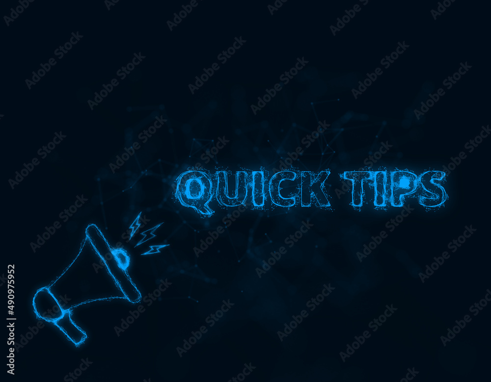 Fototapete megaphone banner with text quick tips. plexus style of blue glowing dots and lines. abstract illustr