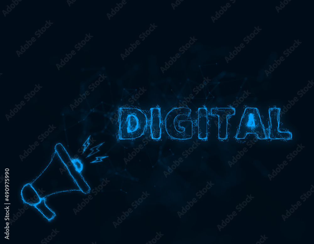 Poster Megaphone banner with text digital. Plexus style of blue glowing dots and lines. Abstract illustration