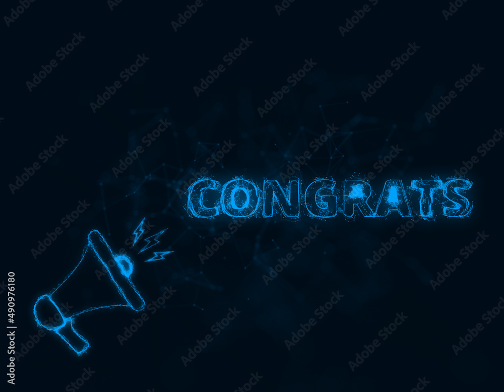 Poster megaphone banner with text congrats. plexus style of blue glowing dots and lines. abstract illustrat