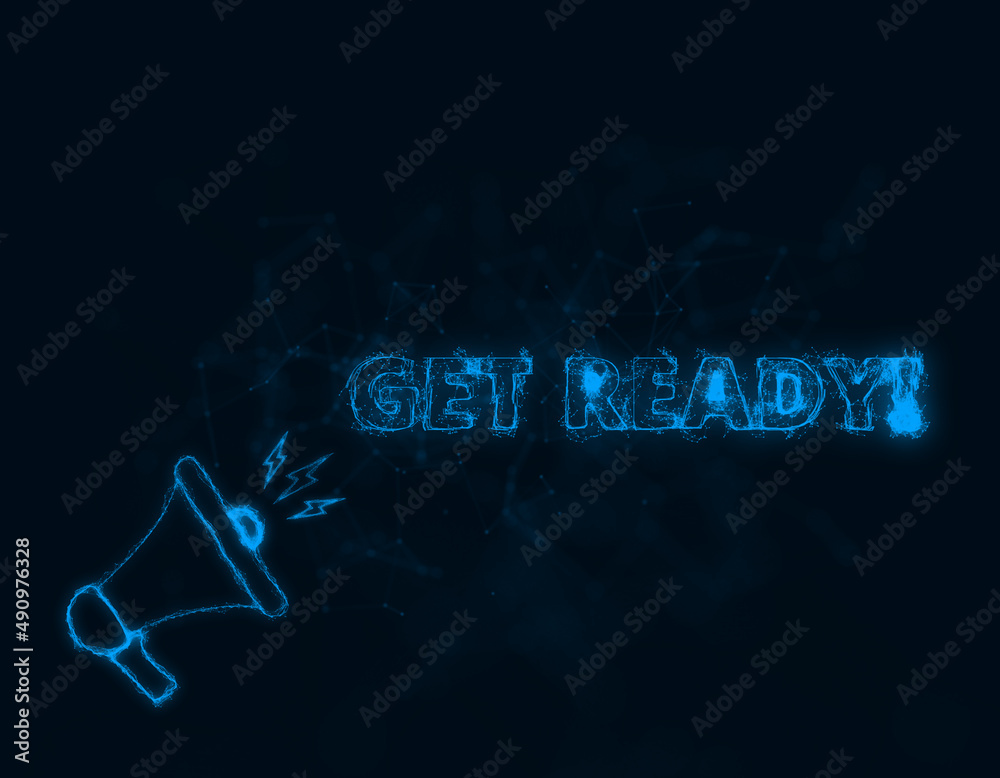 Aufkleber megaphone banner with text get ready. plexus style of blue glowing dots and lines. abstract illustra