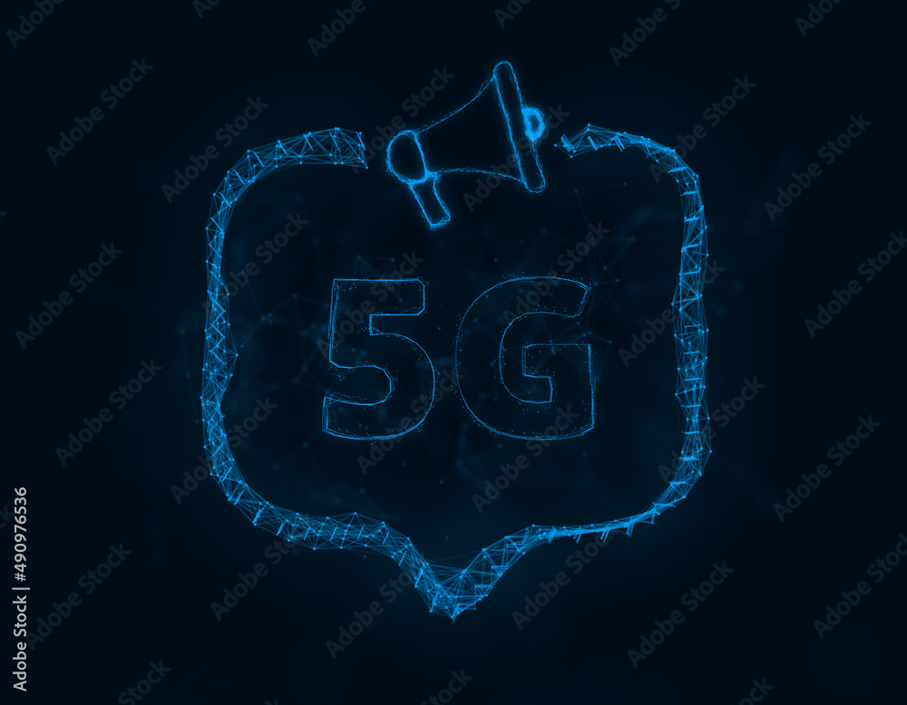 Poster Megaphone banner with speech bubble and text 5G. Plexus style of blue glowing dots and lines. Abstract illustration