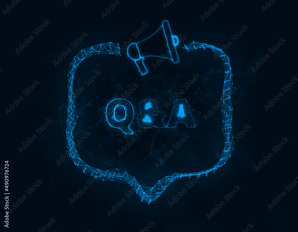 Aufkleber Megaphone banner with speech bubble and text q and a. Question. Plexus style of blue glowing dots and lines. Abstract illustration