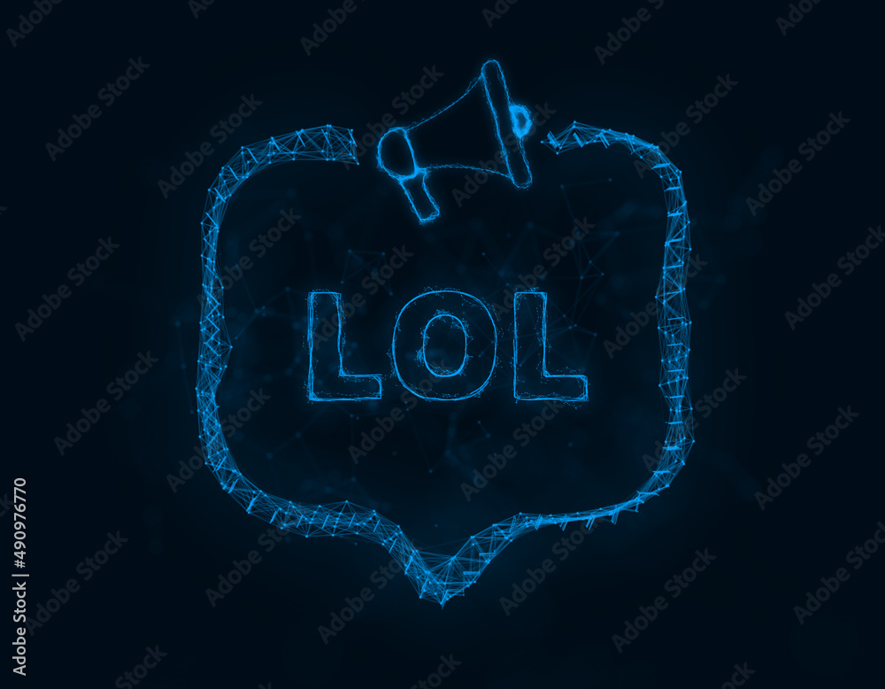Poster Megaphone banner with speech bubble and text lol. Plexus style of blue glowing dots and lines. Abstract illustration