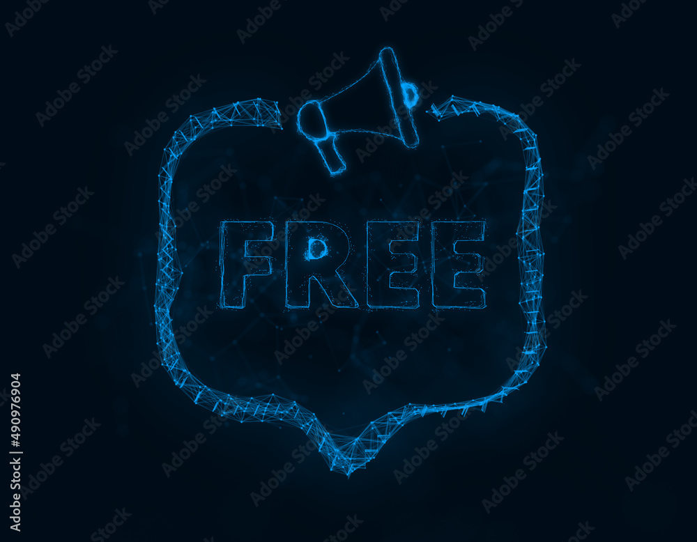 Poster Megaphone banner with speech bubble and text free. Plexus style of blue glowing dots and lines. Abstract illustration
