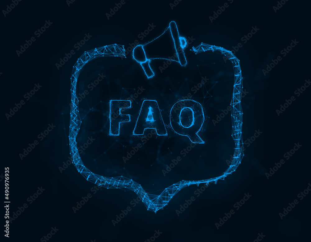 Aufkleber Megaphone banner with speech bubble and text faq. Plexus style of blue glowing dots and lines. Abstract illustration