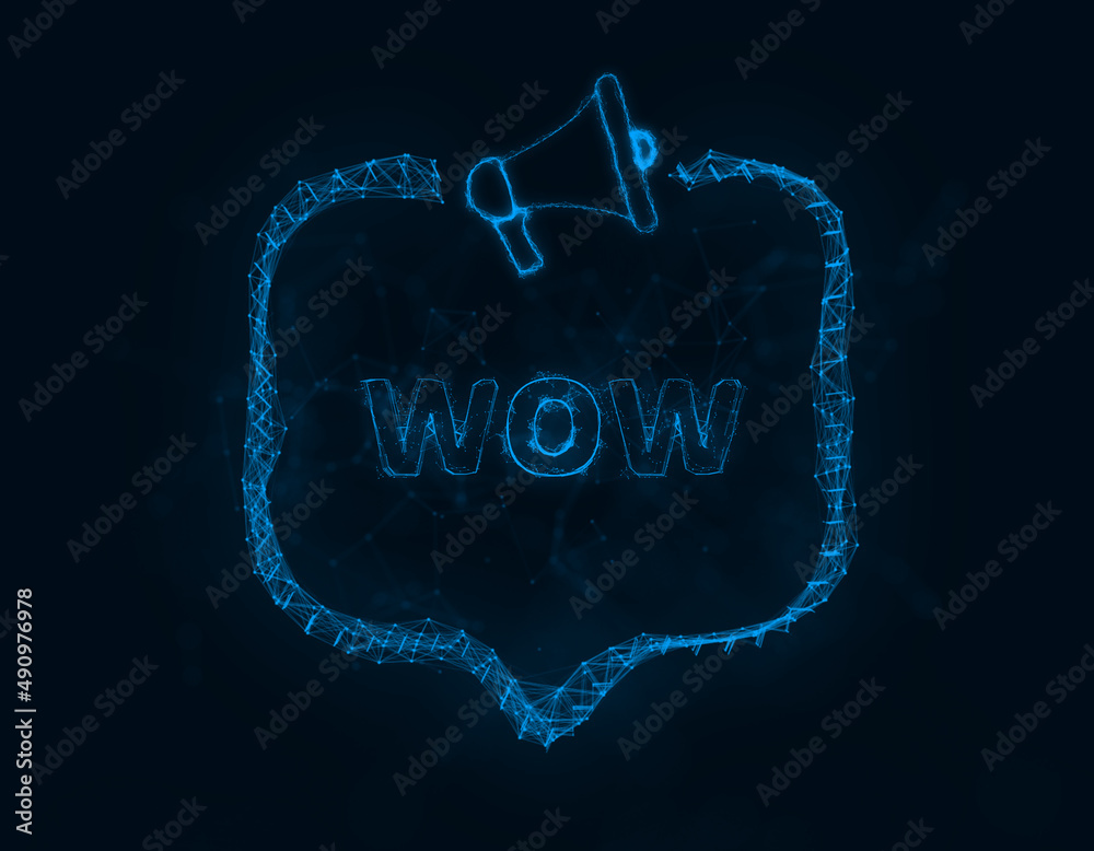 Poster Megaphone banner with speech bubble and text wow. Plexus style of blue glowing dots and lines. Abstract illustration