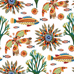  Colorful cute floral fish under the sea swimming tropical water. Childish screen print effect. Playful summer beach illustration background. Whimsical flower fish riso watercolor seamless design.