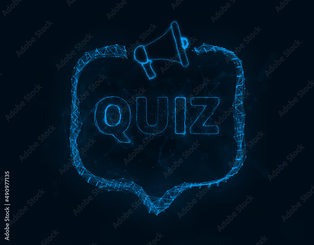 Poster Megaphone banner with speech bubble and text quiz. Plexus style of blue glowing dots and lines. Abstract illustration