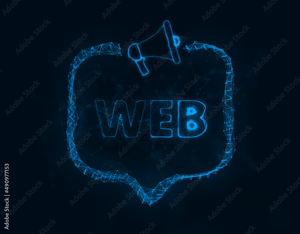 Poster Megaphone banner with speech bubble and text web. Plexus style of blue glowing dots and lines. Abstract illustration