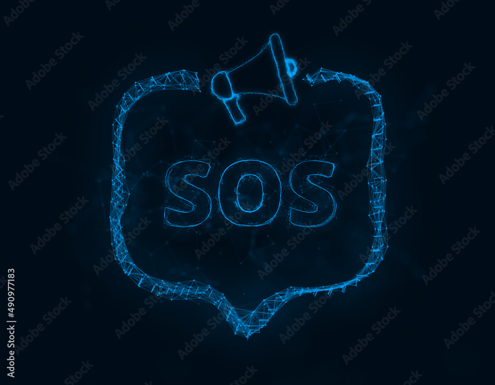 Poster Megaphone banner with speech bubble and text sos. Plexus style of blue glowing dots and lines. Abstract illustration