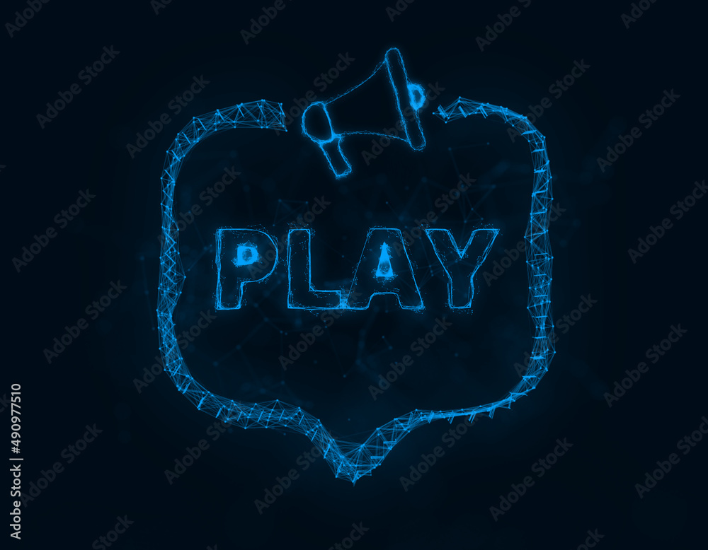 Aufkleber Megaphone banner with speech bubble and text play. Plexus style of blue glowing dots and lines. Abstract illustration