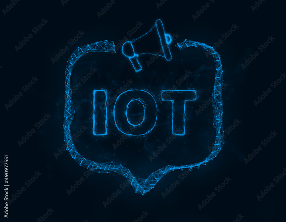 Poster Megaphone banner with speech bubble and text IOT. Plexus style of blue glowing dots and lines. Abstract illustration