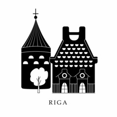 European capitals, Riga. Black and white illustration