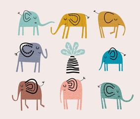 Fototapeta premium set of cartoon images of funny elephants.