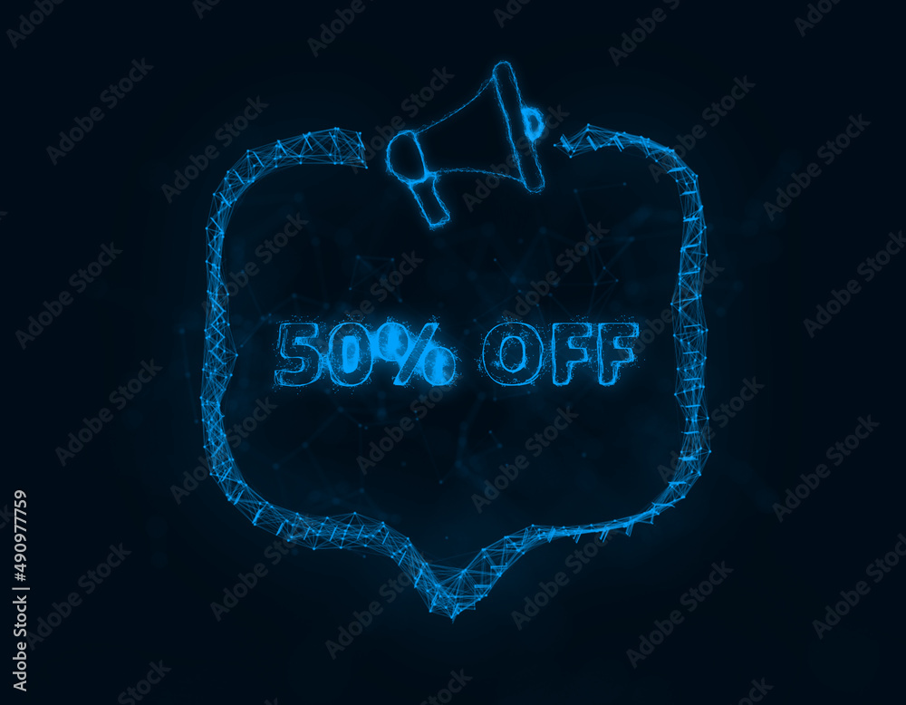 Leinwandbilder megaphone banner with speech bubble and text 50 percent off. plexus style of blue glowing dots and l