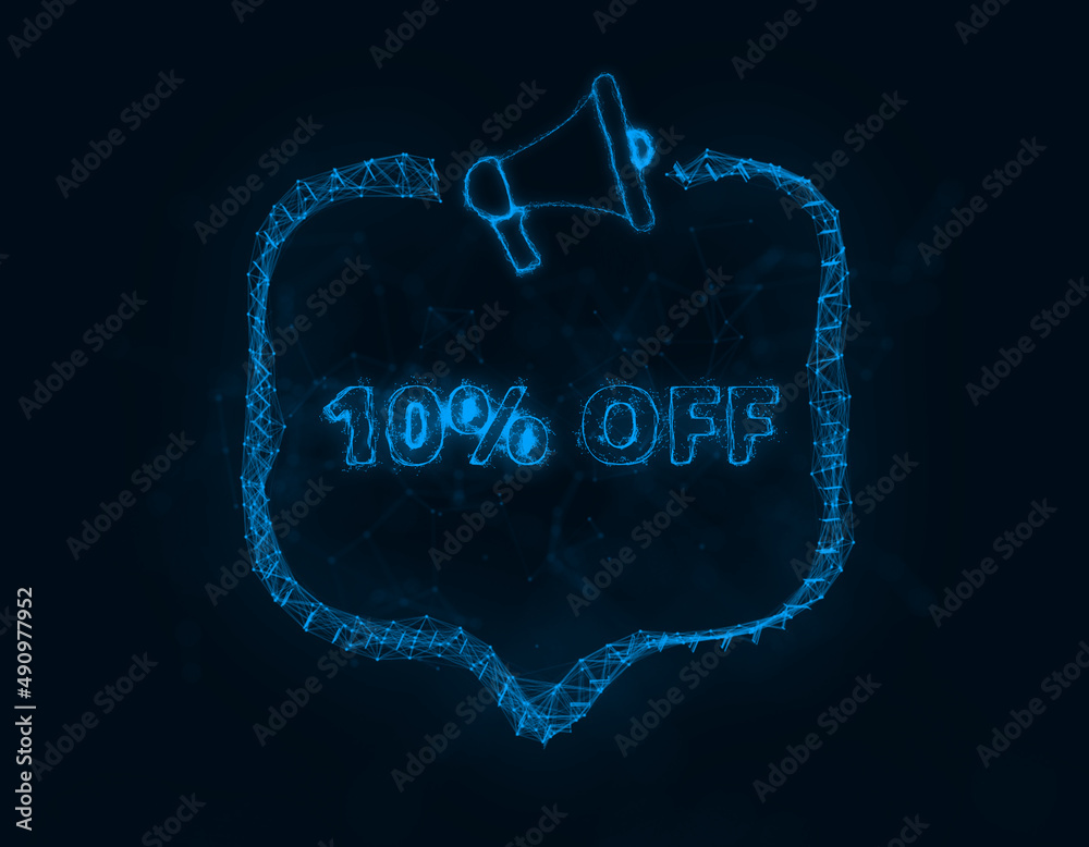 Leinwandbilder megaphone banner with speech bubble and text 10 percent off. plexus style of blue glowing dots and l