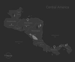 Central America map, individual states with names, design dark blackboard background vector