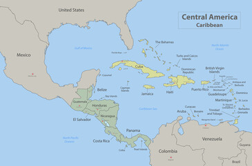 Central America and Caribbean islands map classic color, individual states and city whit names vector