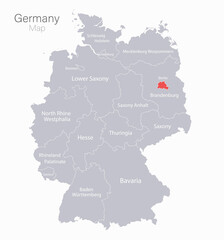Fototapeta premium Map of Germany, regions and capital city with names, gray on a white background vector