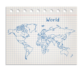 World map on a realistic squared sheet of paper torn from a block vector