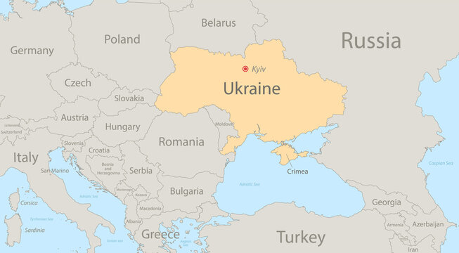 Map of Ukraine with surrounding states, classic color, individual states and city whit names vector